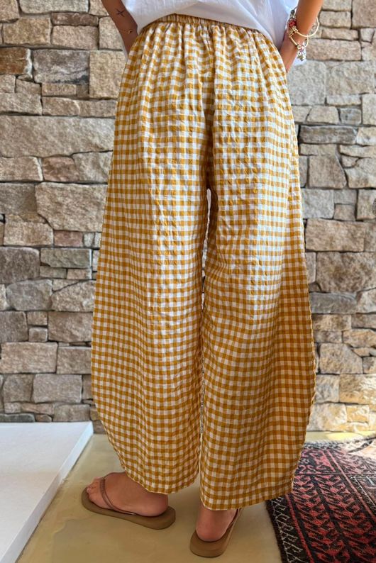 Nonni Gingham Relaxed Barrel Pant Mustard